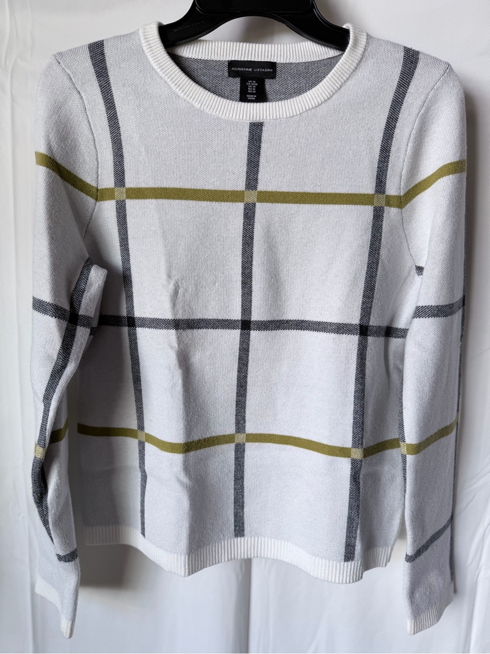 Adrienne Vittadini White Plaid Crewneck Sweater with Olive and Gray Stripes